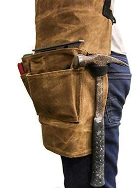 欧美风过蜡帆布围裙双层立体口袋背带可调节木工工具围裙