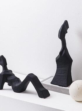 现极简黑色抽象人物雕塑摆件火柴人样板房玄关客厅桌面软装饰品