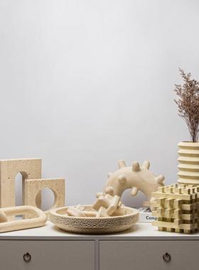 现代中式创意仿黄洞石纹树脂几何拱门摆件客厅茶几花瓶花器装饰品