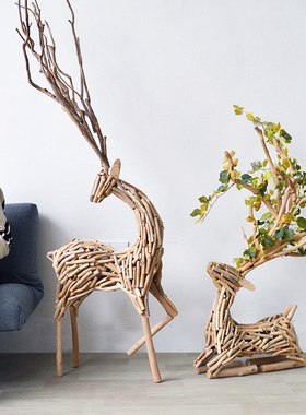 木质招财大型鹿落地橱窗摆件北欧家居装饰客厅工艺品创意结婚礼物