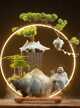 极速中式流水招财摆件禅意家居客厅陶瓷盆景办公室加湿器乔迁开业