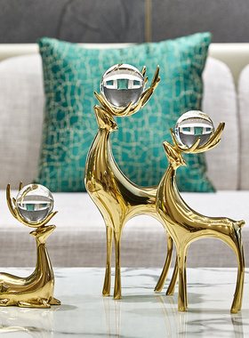 全铜鹿美式欧式家居装饰 纯铜鹿水晶轻奢客厅电视柜玄关酒柜摆件