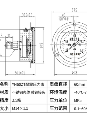 上海仪川轴向带边耐震压力表YN100ZT面板安装YN60ZT气压油压法兰