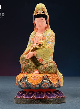 速发阿樟木雕如意观音神耨实心实木雕刻家用坐莲观音佛像供奉香像