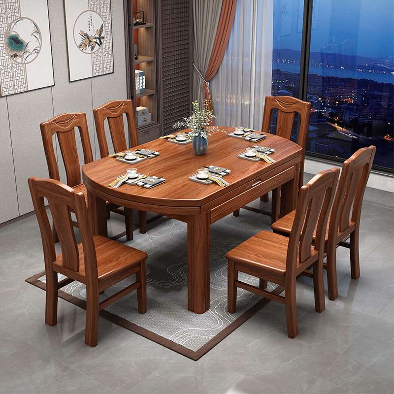 胡桃木餐桌椅组合实木榫卯可伸缩折叠方桌变圆桌子家用小户型饭桌 - 图0