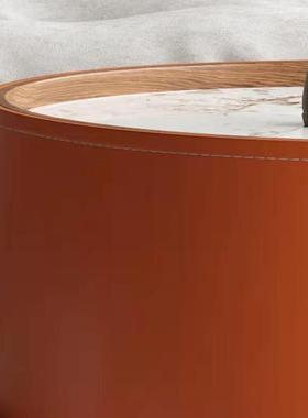 意式岩板茶几现代简约客厅轻奢小户型创意马鞍皮储物圆形茶几组合