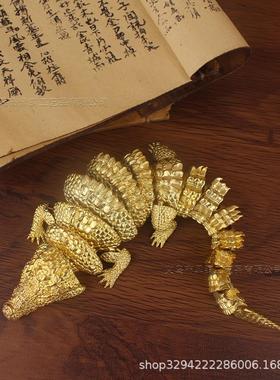 8078铜黄鳄鱼3D设计随意转动厂复古做款家居桌面创意鳄鱼摆件旧家