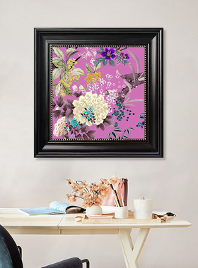 紫色底花卉装饰画复古牡丹花朵挂画中古风客厅玄关方形带框墙画