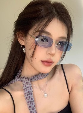 日本品质Jennie同款方形蓝色无框墨镜女欧美辣妹时尚高级感中古街