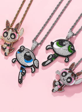 红潮网飞天hiphop卡通项链锆石小女警街头男女吊坠满嘻哈欧美说唱