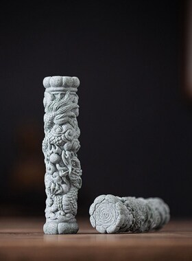 水泥中式盘龙柱石柱摆件桌面国潮风石雕鱼缸造景客厅书房装饰品