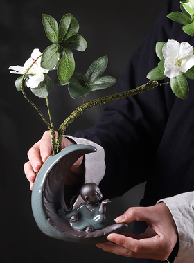 禅意小和尚水培花盆新中式家居装饰品桌面干花插花器创意花瓶摆件
