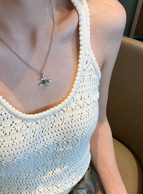 高品质治愈橄榄绿色粉色珐琅星球项链23春夏新款项链