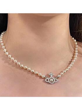 奥林匹亚小夹心项链满钻镂空土星珍珠项链5mm奥地利串珠链