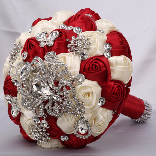 现货欧式婚礼新娘水钻手捧花束婚礼用品仿真玫瑰新娘手捧花W385 - 图0