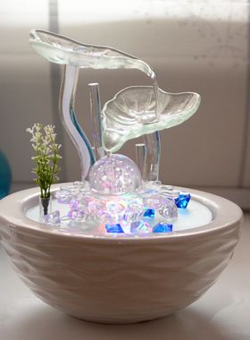 乔迁送礼a客厅装饰品流水桌面小喷泉摆设陶瓷水晶球创意加湿器摆