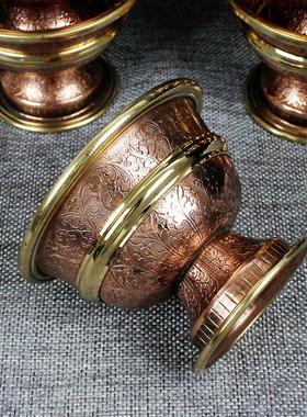 藏式纯铜手工雕花高脚供水碗供水杯供佛杯佛前平底圣水杯装饰摆件