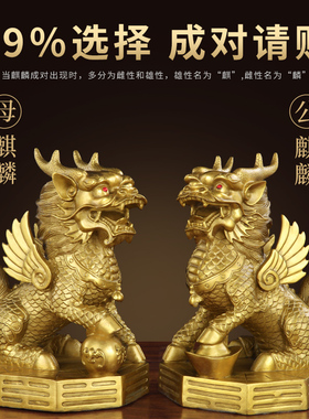 好货铜麒麟摆件一对公母客厅家居家用踩八卦纯黄铜全铜办公室工艺