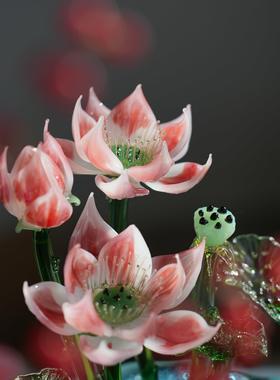 琉璃手作新中式荷花桌面盆栽摆件荷塘莲景好运莲莲治愈装饰品礼物