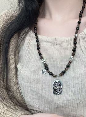 【羊悠悠】复古欧美风不规则串珠克罗十字架吊牌项链女时尚朋克风