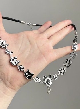 可爱卡通猫咪流苏吊坠项链女小众甜酷秋冬毛衣链皮绳项圈颈链配饰