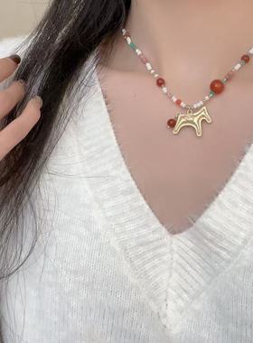 赤艳小马项链女手工串珠彩色幸运符毛衣链小众设计感高级感配饰女