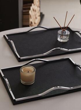 现代轻奢皮革金属托盘摆件酒店样板间客厅茶几餐桌收纳盘浴室香薰