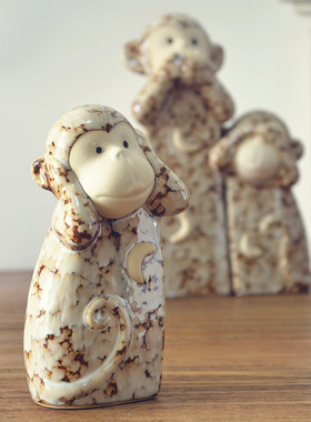 猴摆件陶瓷三不小猴子装饰品客z厅电视柜家居摆设猴年礼品结婚礼