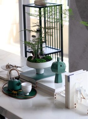 新中式陶瓷绿植文竹盆景栽茶具托盘套餐楼阁香炉家居客厅桌面摆件
