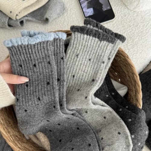 新品波点袜子女中筒袜秋冬季潮流保暖加厚灰色长袜配勃肯鞋堆堆袜 - 图0