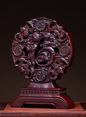 黑檀木雕五福临门摆件实r木创新家居客厅酒柜福字蝙蝠装饰乔迁送