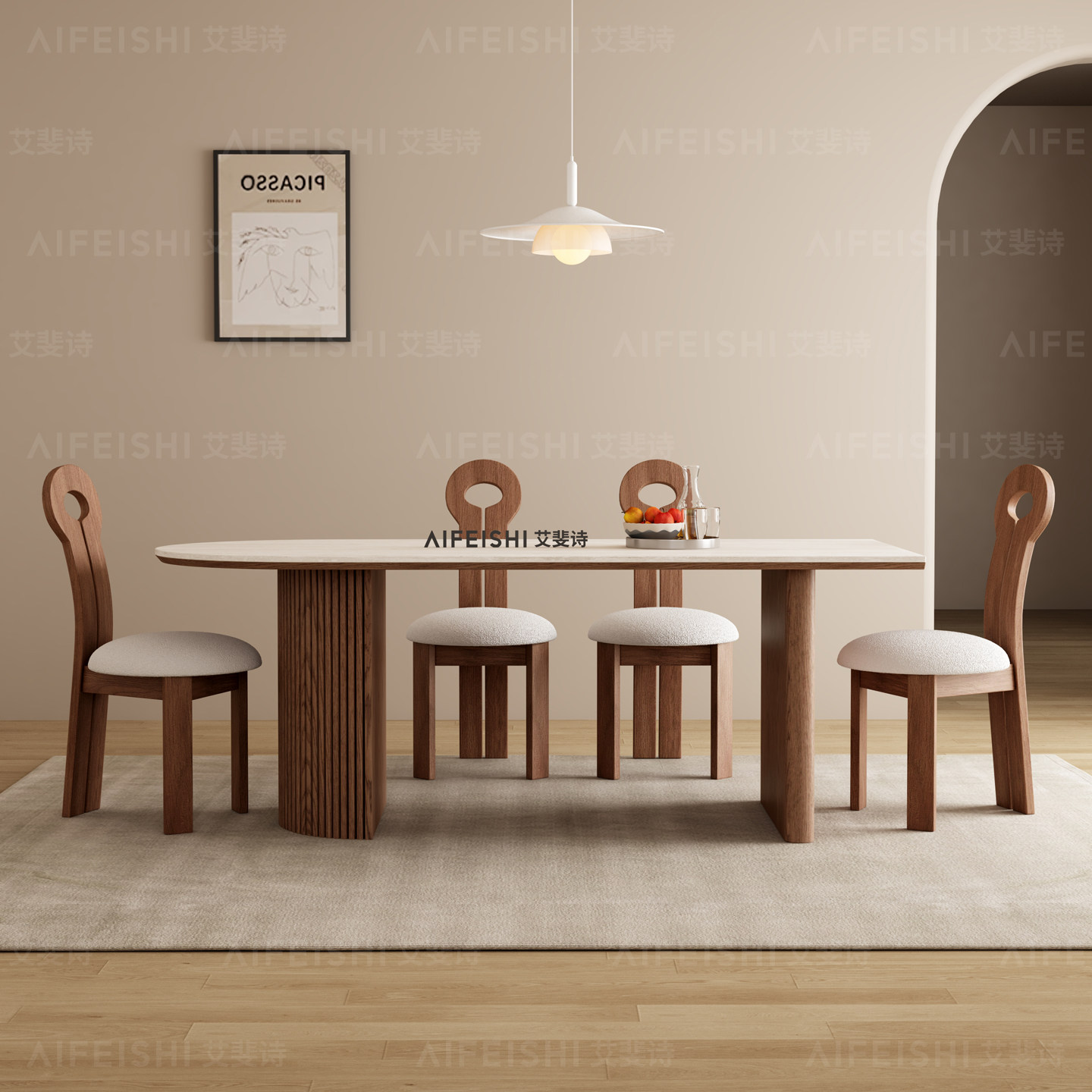 德利丰岩板洞石法式中古奶油风白蜡木客厅餐桌小户型靠墙半岛形桌,淘宝优惠券,粉丝福利购,淘宝优惠卷