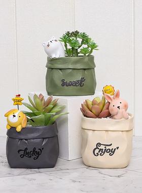 0田园复古仿纸袋树脂多肉花盆儿童笔筒创意小花盆桌面装饰收纳