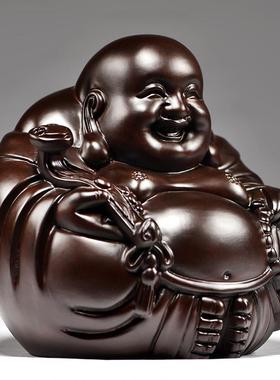 黑檀实木质弥勒佛像摆件如意坐莲笑佛雕刻家居客厅装饰送礼工艺品