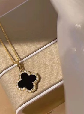 黑白双面四叶草项链女潮镶钻高级