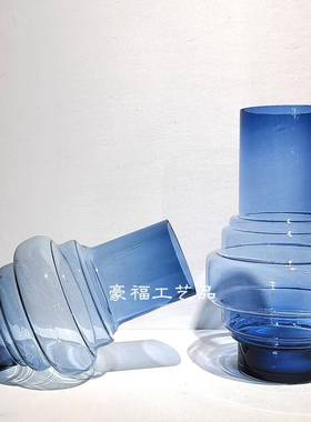 轻奢现代简约蓝色螺旋纹玻璃花瓶插花饰品家居样板房桌面软装饰设