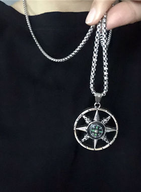 European and N Retro Compass Titanium Steel Necklace Men and