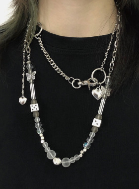 欧美潮牌定制款嘻哈个性磨砂透明珠子蝴蝶骰子项链情侣锁骨链配饰