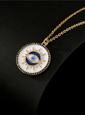 澳古 跨境 欧美时尚热卖白色滴油恶魔之眼吊坠项链女真金电镀