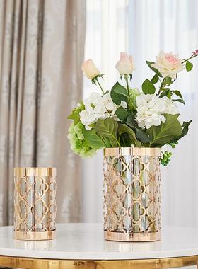 美式轻奢金属玻璃花瓶高端摆件家居客厅高级感装饰花器工艺品