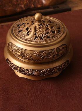 极速香炉摆件底座家用圆形铜工艺品底托黄铜纯铜浮雕仿古室内山水