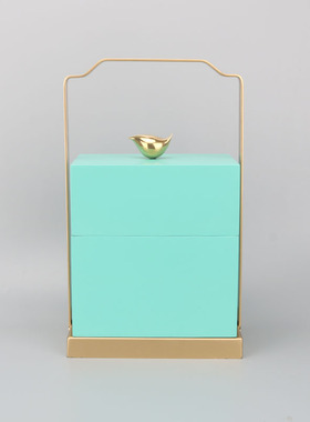 新中式化妆间收纳盒轻奢卧室床头柜客厅铜金属提篮蓝色首饰盒