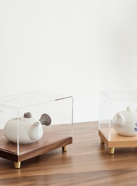 胡桃木展示e盒文玩古董手办模型实木摆件底座透明亚克力罩防尘收