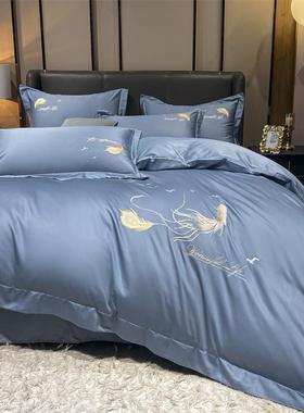 简约纯色绣花长绒棉全棉四件套纯棉被套床单床上四件套