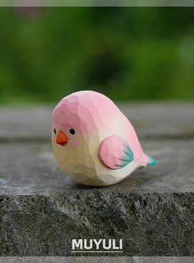 纯手工木雕小肥啾迷你电脑桌面摆件治愈粉鹦O鹉奶油风小鸟装饰礼