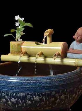 竹筒流水过滤摆件陶瓷鱼缸竹流水器鱼池循环流水造景家居创意装饰