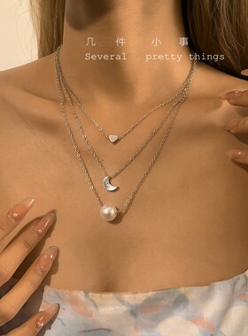 极速[几件小事]森女系小清新可爱甜美爱心月亮牙珍珠简约三层锁骨