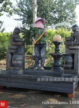 石雕青石流水摆件晚霞红喷水鱼池室内外庭院园林别墅喷泉景观流水
