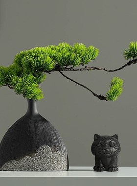 速发新中松禅意摆件陶虎花瓶客厅玄关博古架摆设国风迎客式小老瓷