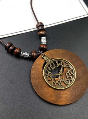 Ethnic Round Wooden Leaf Owl Long Sweater Chain Necklace Wom